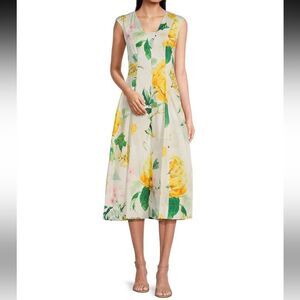 Karl Lagerfeld NWT Cap Sleeve Yellow Floral V Neck Midi A-Line Dress Size 12 New